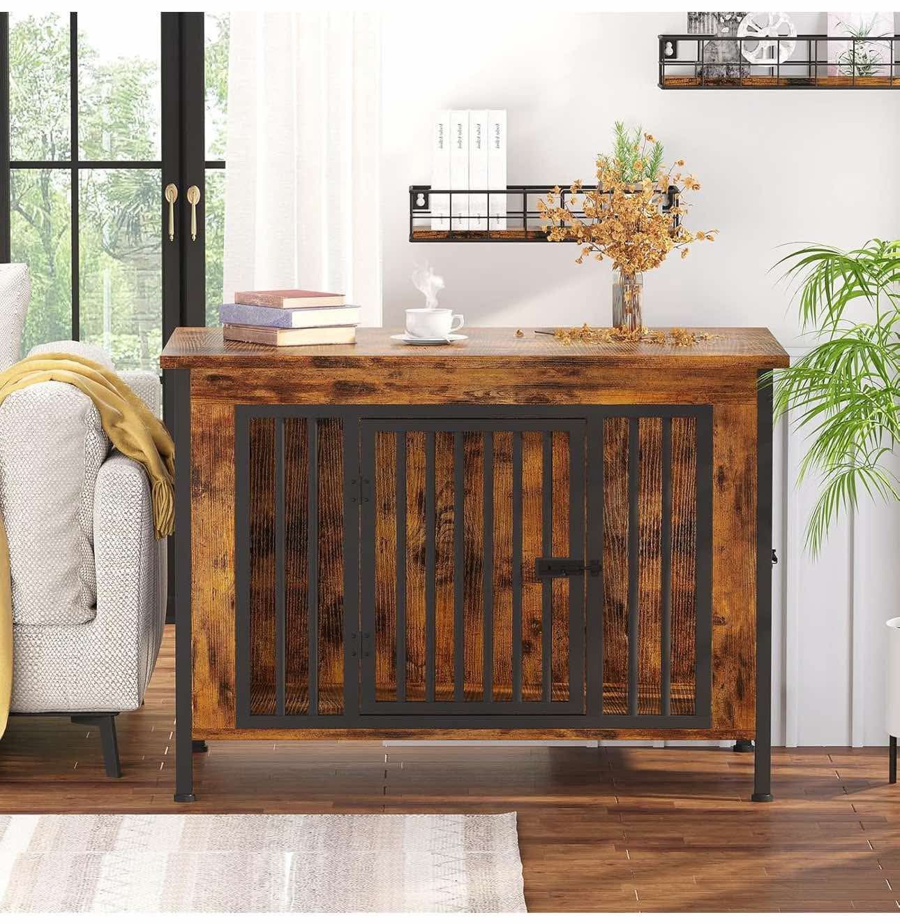 39.96" Wooden Dog Crate Furniture for Medium and Large Breed, Chew-Resistant Dog Kennel Furniture Indoor with 2 Doors and 3.94" Raised Feet, as TV St