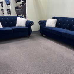 New Tufted Couch  / Love Seat .  Indigo Blue Or Black Velvet .  Free Delivery !