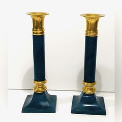 Vintage French Brass & Blue Pair of Candlestick Holders 8” Tall.