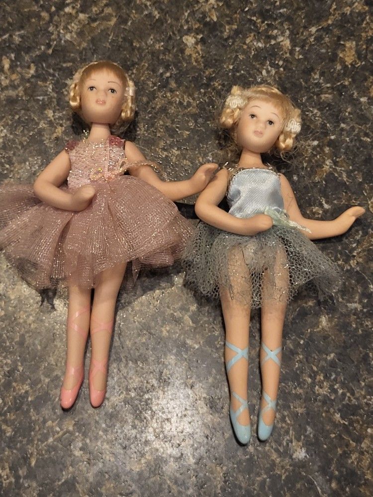 Mini Porcelain ballerina dolls, approx 6" pink and blue set of 2