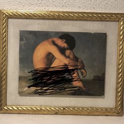 Vintage Reproduction Young Sitting By The Sea (H. Flandrin) In A Gold Frame 