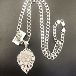 925 Sterling Silver 5.73Ct Moissanite Lion Pendant Cuban Link Chain Necklace Size 24”