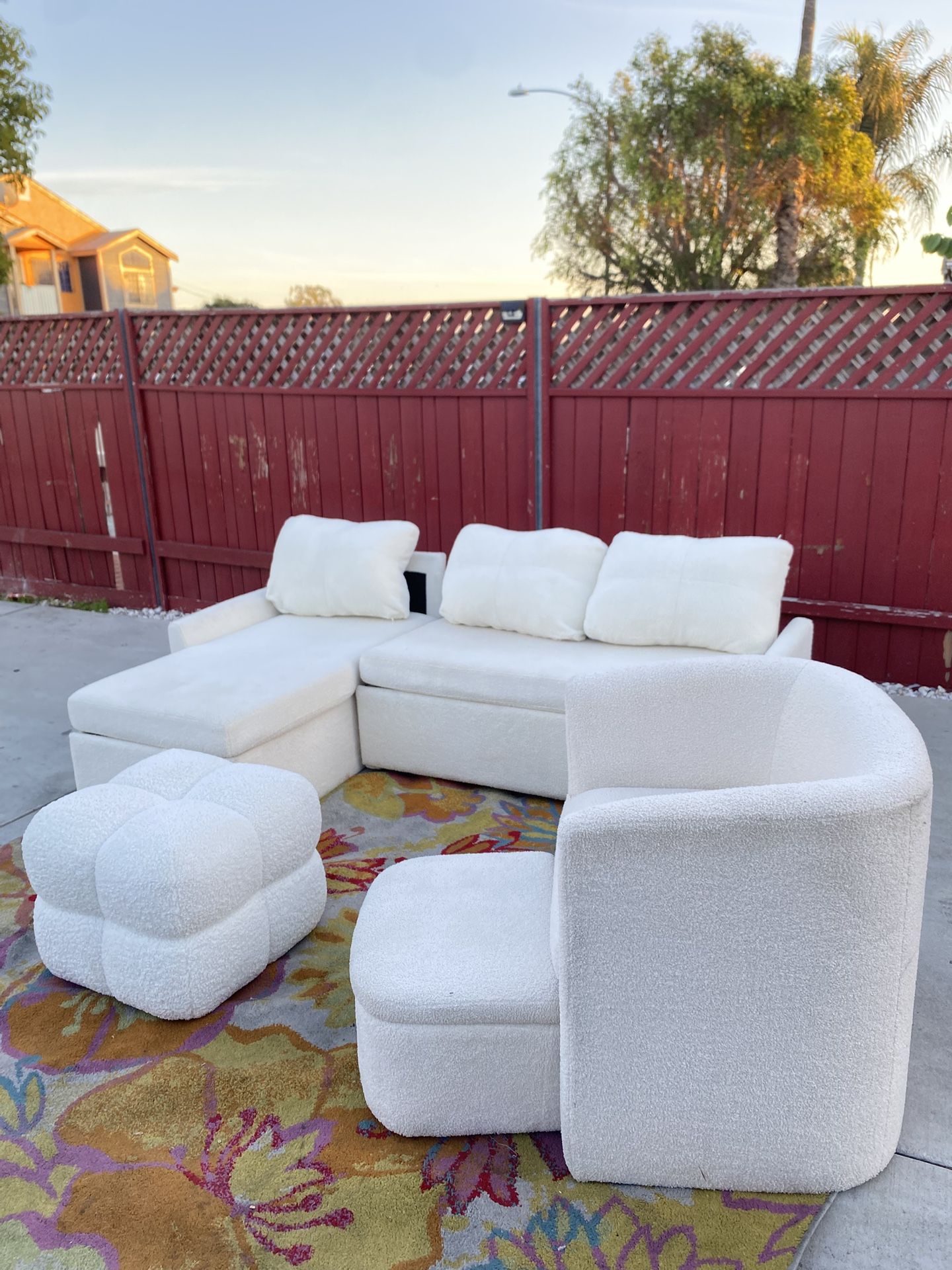 4 Piece AMERLIFE Sleeper Sofa, 2-in-1 Sofa Bed, Pull Out Sofa Couch, Boucle White Set