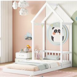 Twin Size Floor Bed with House-Shaped Headboard, Wood Twin Montessori Floor Bed