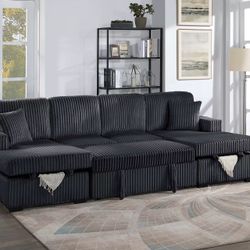 Brand New Elegant Super Plush Black Sectional With Pullout And Storage 