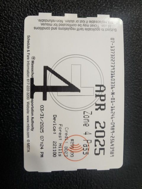 $180 For $291 Value! MBTA April 2025 Zone 4 Commuter Pass