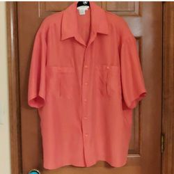 Men's Coral 100% Silk Short Sleeve Button Down Shirt Size M