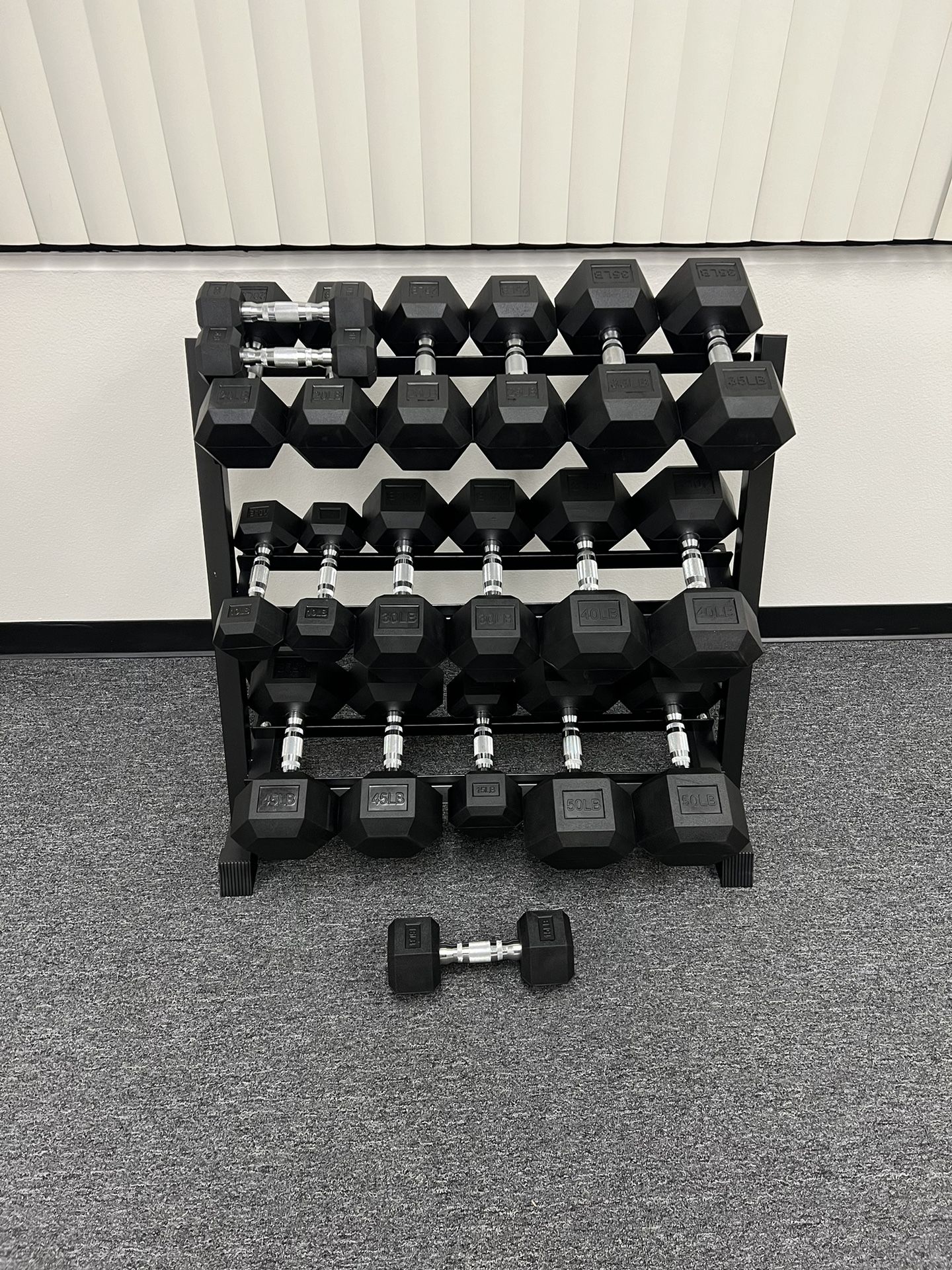(New In Box) 5-50lb Rubber Hex Dumbbells With 3 Tier Dumbbell Rack Weights - Click On Out Profile For More Gym Equipment