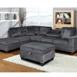 Grey Velvet Sectional Sofa With Ottoman Included New In Box