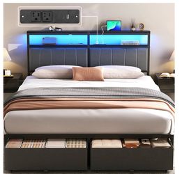 Bed Frame with LED Headboard and Storage Drawers