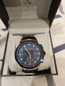 Vince Camuto Men's Chronograph Watch Blue Dial Rose Gold – Genuine Leather – New in Box