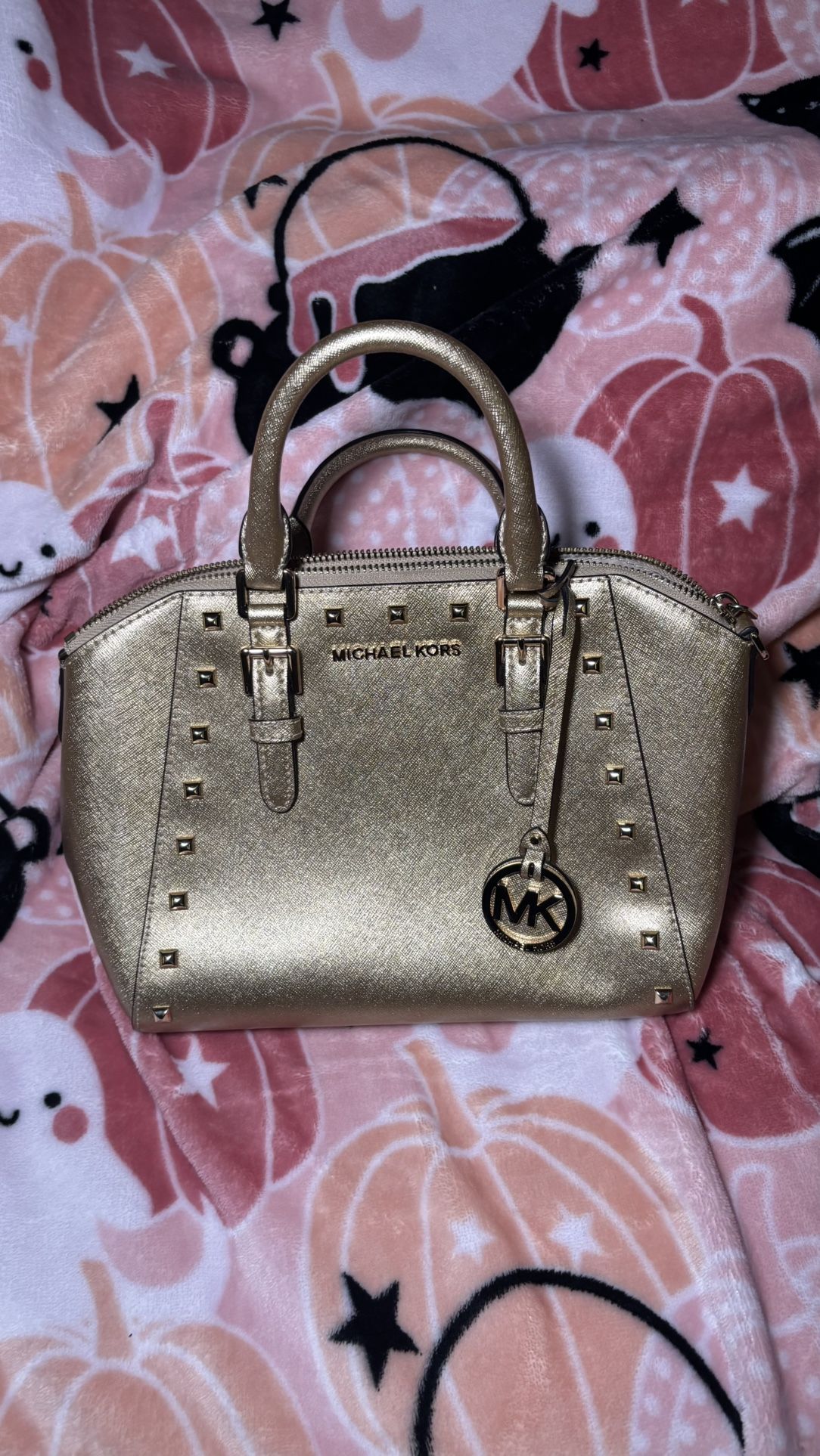 Michael Kors Gold Studded Hand Bag - With Original Bag Charm