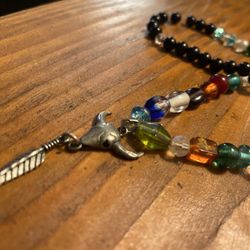 Vintage Glass Beaded Necklace / Bull And Feather Pendant 