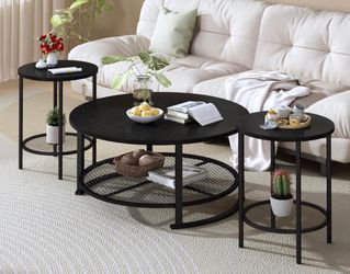 Round Coffee Table and End Table Set of 3 with Storage, Modern Vintage Black Coffee Table and Side Table for Living Room, Office, Apartment, Small Spa