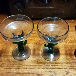 Set of 4 Mexican Hand Blown Glass Green & Brown Saguaro Cactus Margarita 7” x 5”.