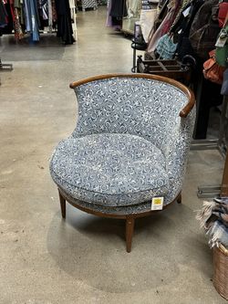 Blue White Upholstered Wood Frame Curve Back Arm Chair / WKRV26