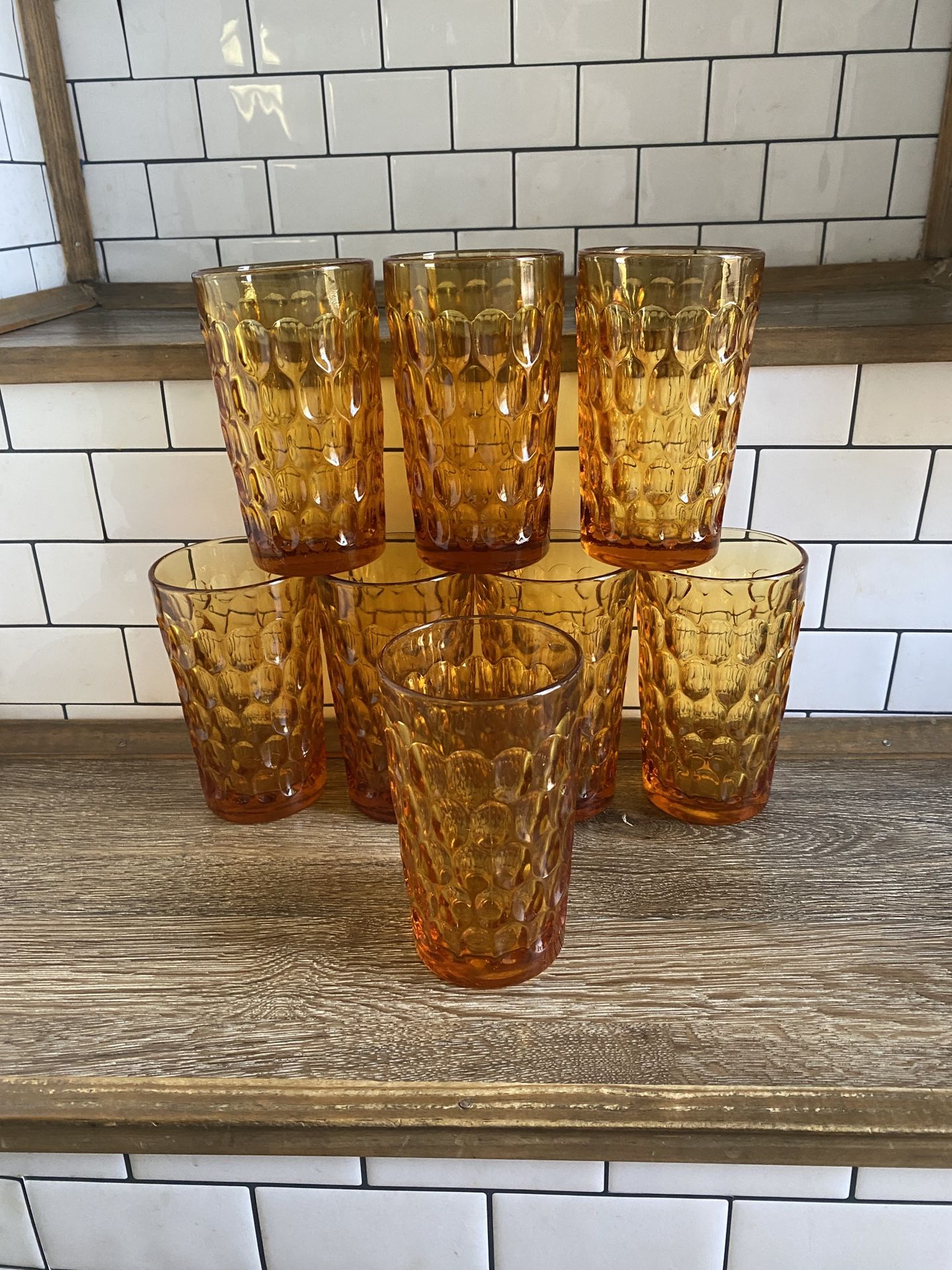 MCM Amber Glass Tumbler Fenton Colonial Thumbprint Water Cups Brown Set 8 Vintage