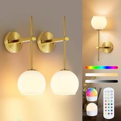 Battery Operated wall sconces Set of Two Wireless Rechargeable Lamps 7500mAh Gold 12 RGB 3CCT Dimm