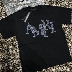 Amiri Black Rhinestone Logo T-Shirt Blue Accents Size Large BNWT