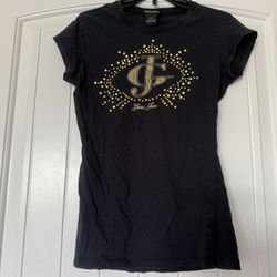 GUESS Jeans Black Gold Rhinestone Logo Tee – Women’s Small – Y2K Glam Studded Graphic T-Shirt