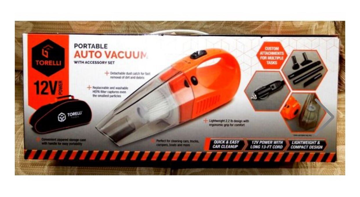 BRAND NEW IN BOX Torelli Tools portable auto vacuum. 12v power with 13ft cord. Multiple attachments. Washable hepa filter. Comes with storage case.