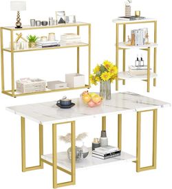 K265 $80  3 Pieces Modern Coffee Set, with End Table and Console Table, Contemporary Faux Marble Living Room Table Sets, White&Gold  Product Dimension