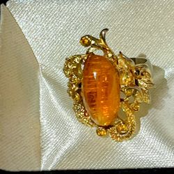 Signed VOGUE Cocktail Ring With amber color Center stone