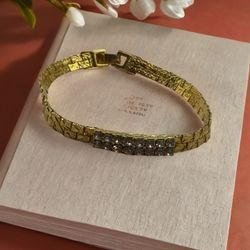 14K Yellow Gold Electroplate Nugget Textured Clear Rhinestones Bracelet 7” Lind