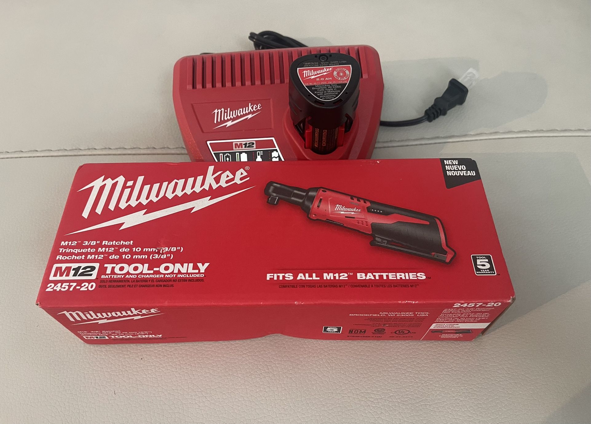 M12 12V Lithium-Ion 3/8 in. Cordless Ratchet (Tool-Only) with M12 2.0 Ah Starter Kit