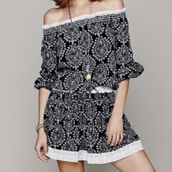 Free People Sunday Romance Off Shoulder Dress Lace Trim Black White Women's XS