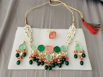 Indian Kundan Jewelry Set with Earrings and Ring