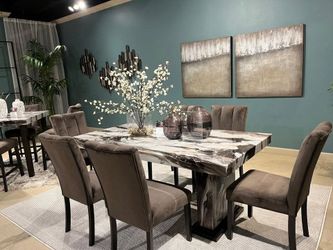 Contemporary, Marble look dining set to create and elevated feel