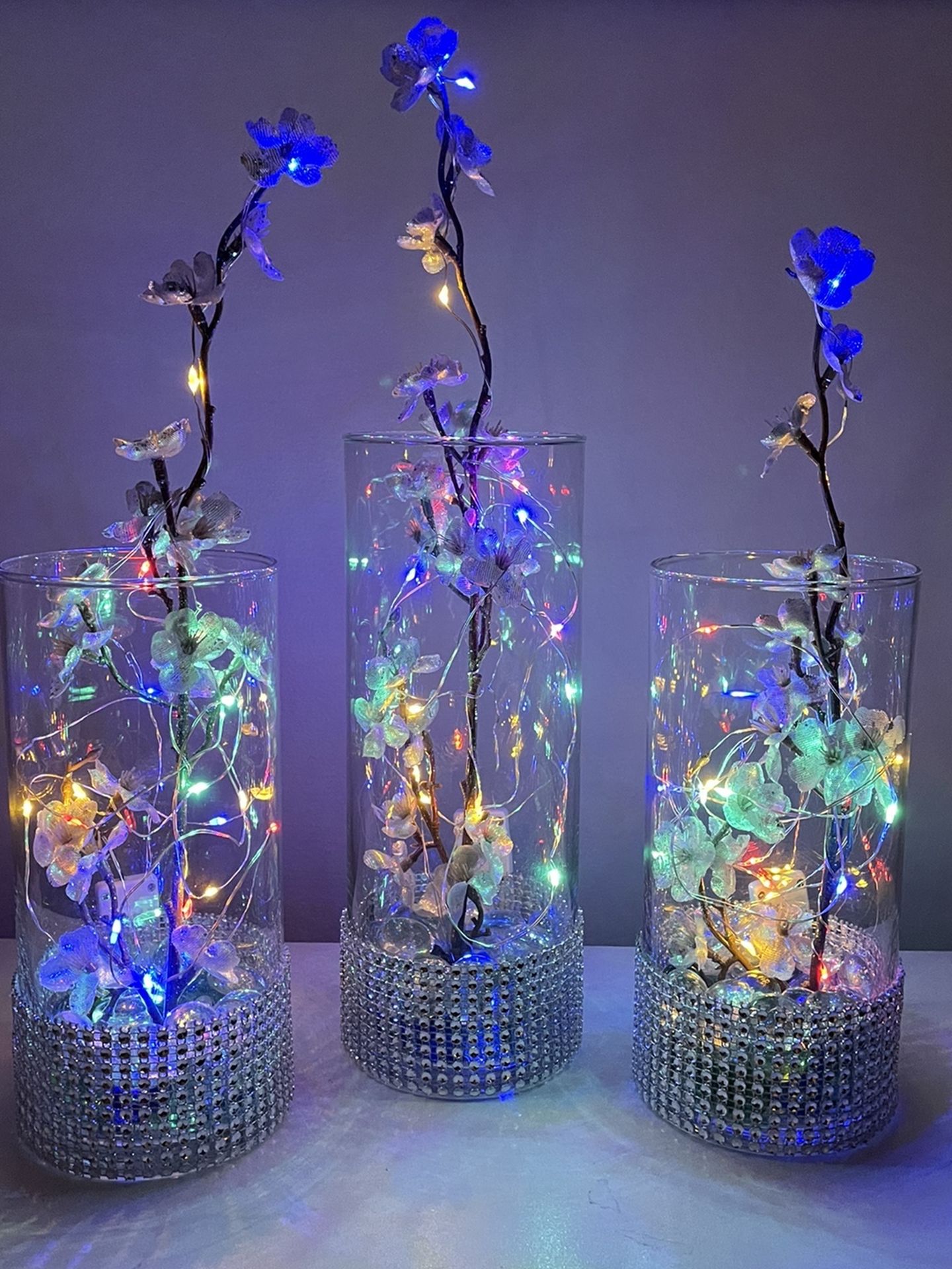 Silk Flowers Glass Vase Led Lights