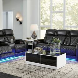 Black Leather Sofa & Loveseat Power Recliners & Headrest + Wirless Charging 