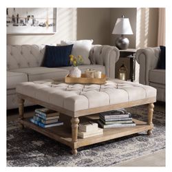 Modern and Rustic Beige Linen Fabric Upholstered and Greywashed Wood Cocktail Ottoman