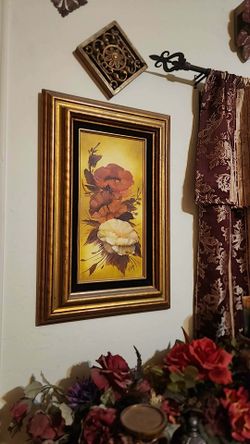 VINTAGE ORNATE GOLD VELVET FRAMED FLORAL FLOWER BOUQUET ACRYLIC CANVAS SIGNED PAINTING PICTURE ART WALL DECOR