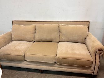 Tan Microfiber Sofa with Nailhead Trim