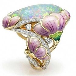 Floral Fuchsia Oval White Opal Gold Ring - Size 7