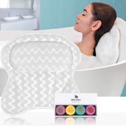 Luxury Bath Pillow for Bathtub - 4 Bath Bombs Included - Extra Strong Suction Bath Pillows for Tub Neck and Back Support - A Relaxing Bathtub Pillow 