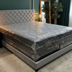 New King Bed Frame + Plastic Sealed King Mattress + Box Spring 
