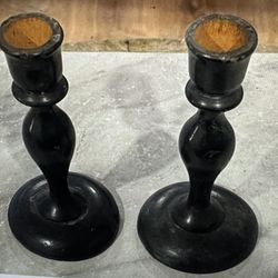 Vintage 2 Black Wood Single Candlestick Candle Holders 6 in. from Czechoslovakia