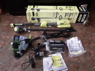 A+ New Ryobi Expand-IT Power Head 40 V 15" Cordless String Timmer RY40250 With 40 V 6 AH Battery And Battery Charger OP4060A/OP403A.