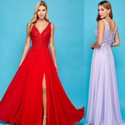 Red Chiffon & Lace With Thigh Slit Formal Dress & Prom Dress $155
