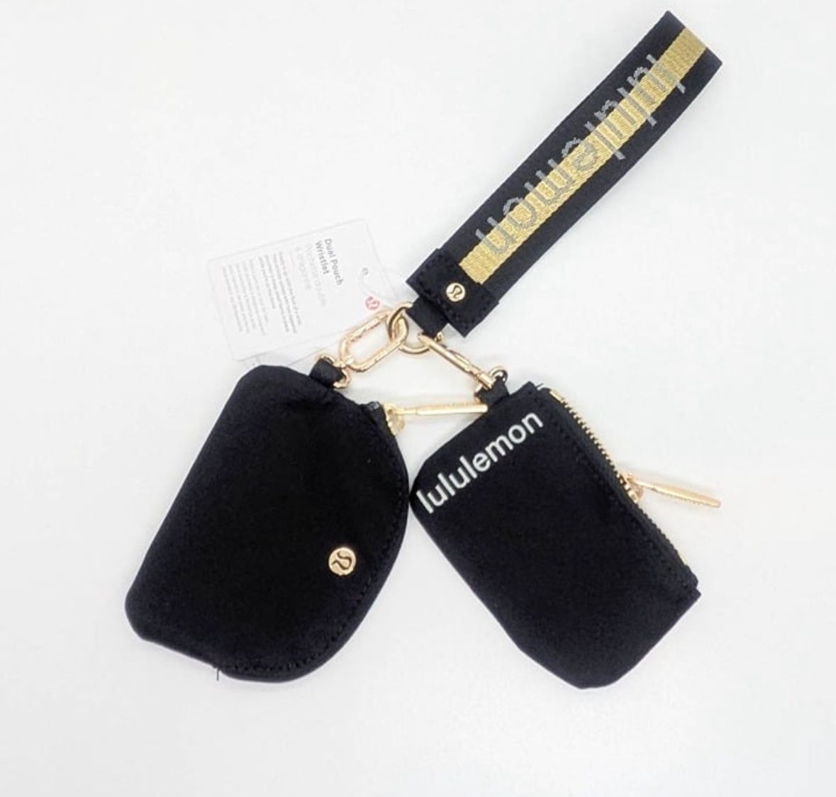 Lululemon Dual Pouch Wristlet Wallet Accessory Keychain Bag Black and Gold