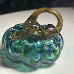 Hand-Blown Art Glass Pumpkin – Teal & Green with Twisted Stem