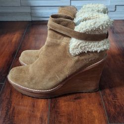 UGG Australia Brown Chestnut Suede Shearling Fur Anais Wedge Boots US 10 M