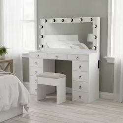 11-Drawer Cloud White Makeup Vanity Set with Stool, LED Mirror, Charging Station and Glass Desktop