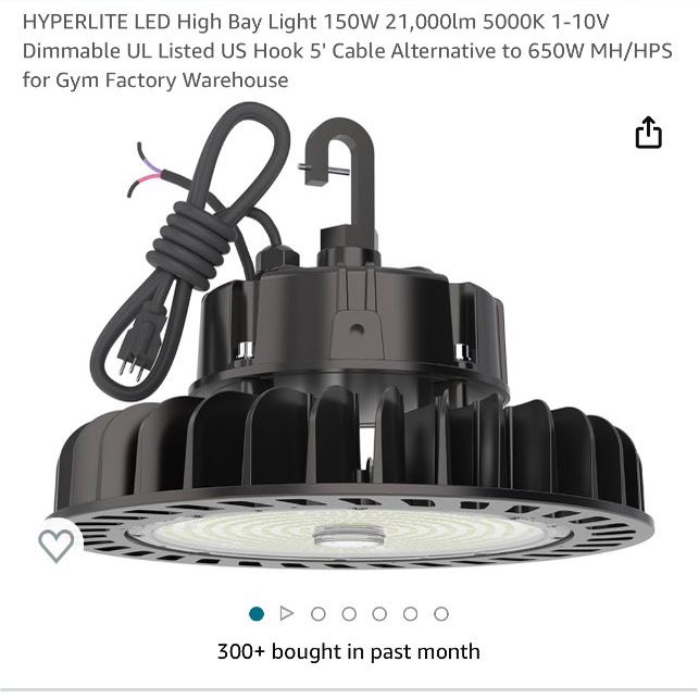 HYPERLITE LED High Bay Light 150W 21,000lm 5000K 1-10V Dimmable UL Listed US Hook 5' Cable Alternative to 650W MH/HPS for Gym Factory Warehouse