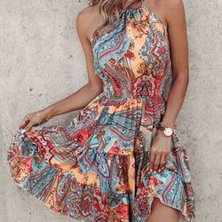 Tribal Print Backless Halter Top Summer Dress in Small
