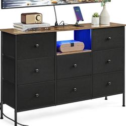 SONGMICS Dresser for Bedroom, Fabric Dresser with Power Outlets and LED Lights, TV Stand for up to 60 Inch TVs, 25 Colors, 11.8 x 47.2 x 31.3 Inches, 